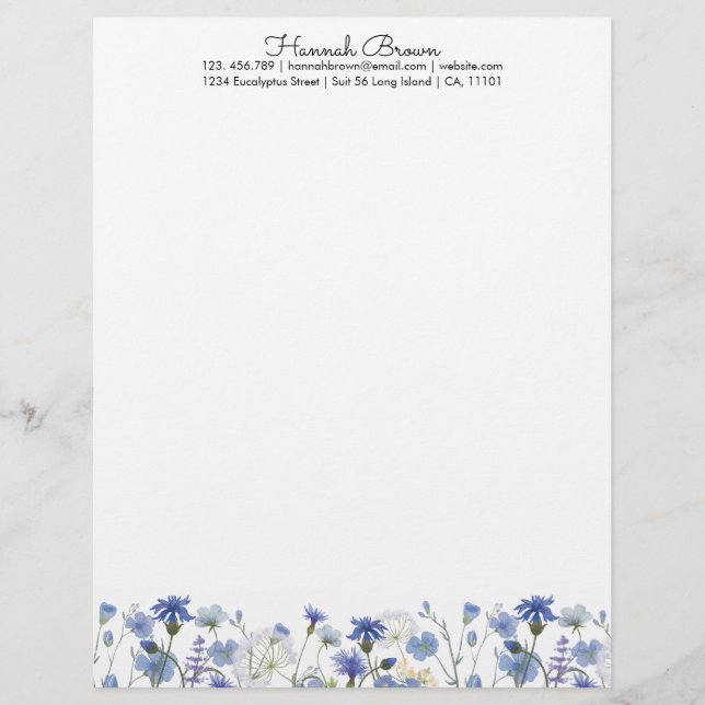 Blauwe Aquarel Bloementuin  Briefhoofd (Voorkant)
