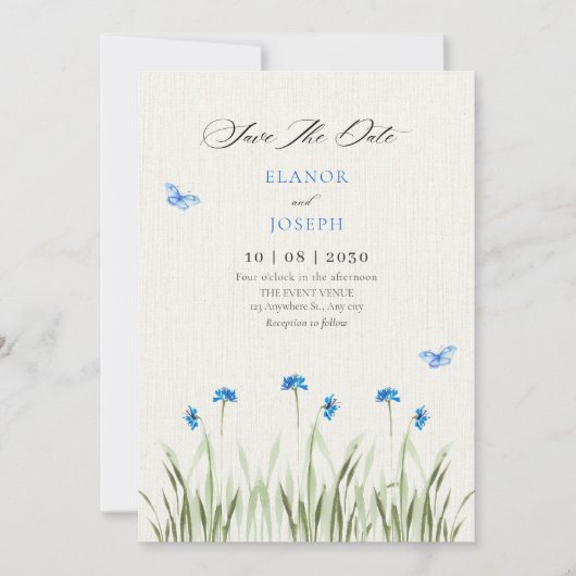 Blauwe aquarel bloementuin  save the date (Voorkant)