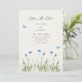 Blauwe aquarel bloementuin  save the date (Staand voorkant)