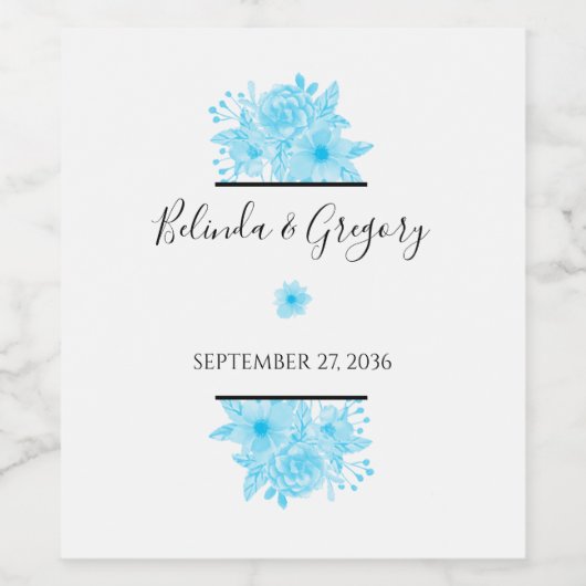 Blauwe Aquarel Bloemige Bruiloft Wijn Etiket (Enkel label)