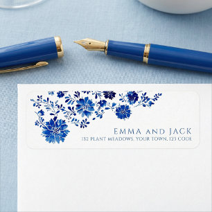 Blauwe Aquarel Bloemige Retouradreslabels Etiket