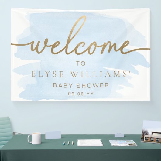 Blauwe aquarel Goud Welkom Spandoek (Beurs)