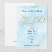 Blauwe Aquarel & Gouden Rand Verjaardagsuitnodigin Kaart (Voorkant / Achterkant)