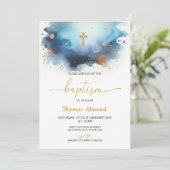 Blauwe Aquarel Jongens Gouden Doopfeest Kaart (Staand voorkant)