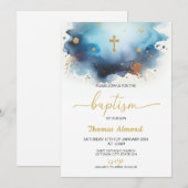 Blauwe Aquarel Jongens Gouden Doopfeest Kaart (Voorkant / Achterkant)