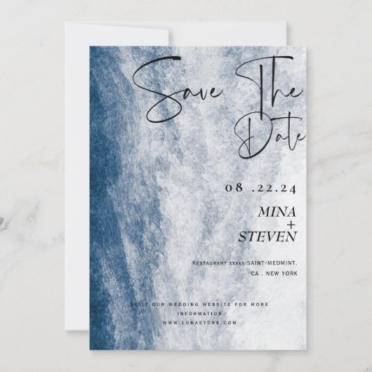 Blauwe aquarel Kust Oceaan Strand Bruiloft Save The Date (Voorkant)