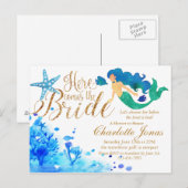 Blauwe aquarel onderwater zoete meermin gouden tek uitnodiging briefkaart (Voorkant / Achterkant)