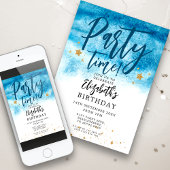 Blauwe Aquarel Party Tijd Verjaardag Kaart