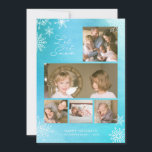 Blauwe Aquarel Sneeuwvlokken Laat het Sneeuwen Fot Feestdagenkaart<br><div class="desc">Deze fotokerstkaart bevat jouw foto's en de woorden "Let it Snow" in trendy schrift en sneeuwvlokken tegen een blauwe waterverf achtergrond. De kaart heeft een effen blauwe achtergrond aan de achterzijde.</div>