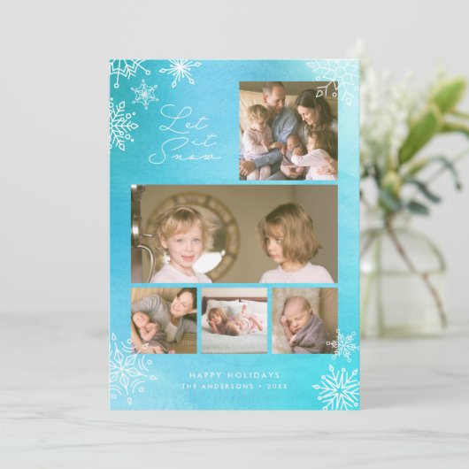 Blauwe Aquarel Sneeuwvlokken Sneeuwt het Foto Feestdagenkaart (Staand voorkant)