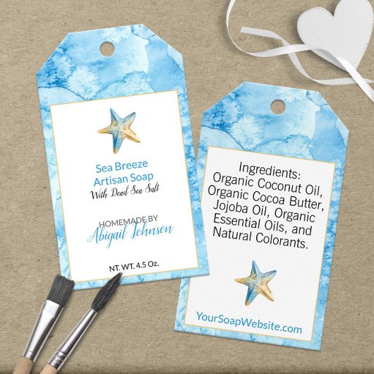 🌊 Blauwe Aquarel Strand Thema Zeester Zeep  Cadeaulabel