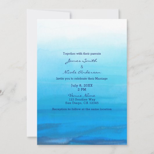 Blauwe Aquarel Strand Tropische Trouw Uitnodiginge Kaart (Voorkant)