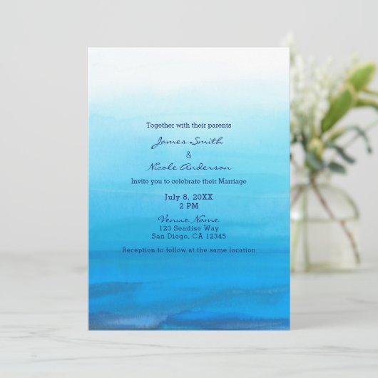 Blauwe Aquarel Strand Tropische Trouw Uitnodiginge Kaart (Staand voorkant)