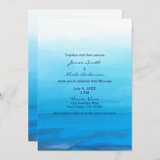Blauwe Aquarel Strand Tropische Trouw Uitnodiginge Kaart (Voorkant / Achterkant)