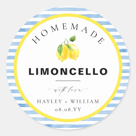 Blauwe Aquarel Streep Limoncello Favor Ronde Sticker (Voorkant)