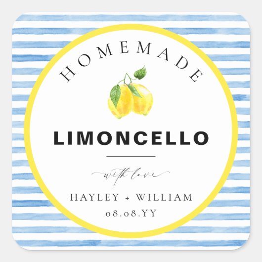 Blauwe Aquarel Streep Limoncello Favor Vierkante Sticker (Voorkant)