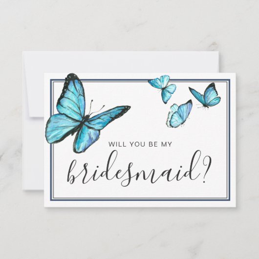 Blauwe aquarel vlinder Word Je Mijn Bruidsmeisje Kaart (Voorkant)