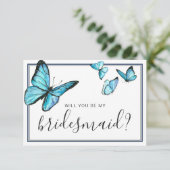 Blauwe aquarel vlinder Word Je Mijn Bruidsmeisje Kaart (Staand voorkant)