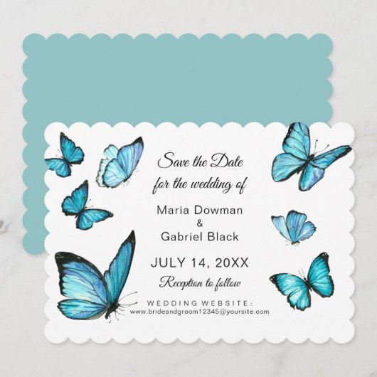 Blauwe aquarel vlinders Modern save the date Kaart (Voorkant / Achterkant)