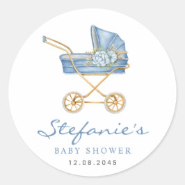 Blauwe Aquarel Wandelwagen Het is een Jongen Baby Ronde Sticker
