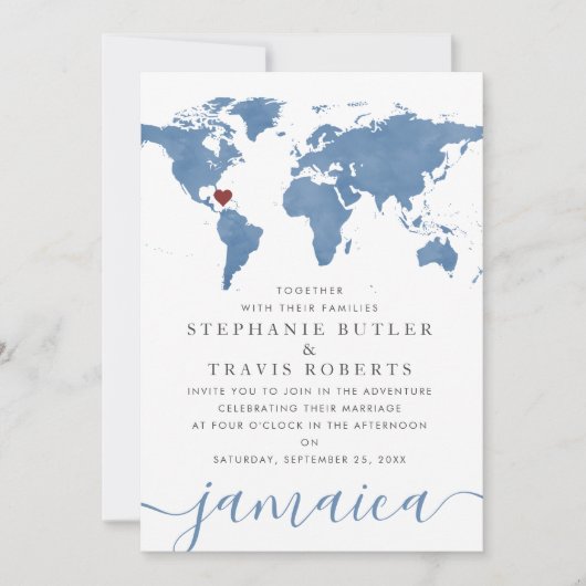 Blauwe Aquarel Wereldkaart Bestemming Trouwen Kaart (Voorkant)