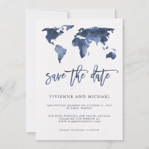 Blauwe Aquarel Wereldkaart Trouw Save the Date
