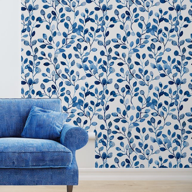Blauwe Aquarel Wijnstok Bladeren Behang (Creator heeft geüpload)
