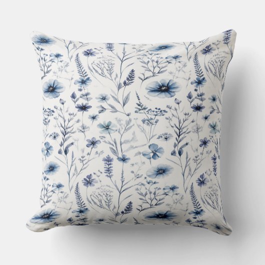Blauwe Aquarel Wilde Bloem Botanische Worp Kussen (Voorkant)