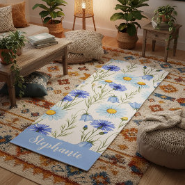 Blauwe Aquarel Wilde Bloem Initiaal Naam Yogamat