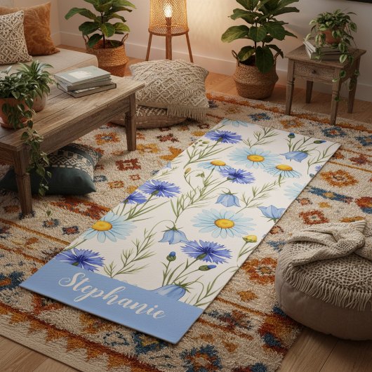 Blauwe Aquarel Wilde Bloem Initiaal Naam Yogamat