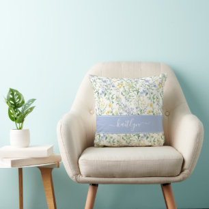 Blauwe Aquarel Wilde Bloem Monogram Kussen