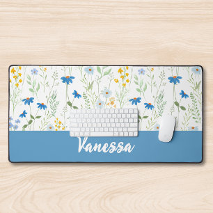 Blauwe Aquarel Wilde Bloem Monogram Naam Bureaumat