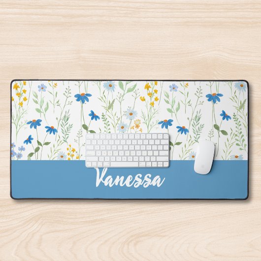 Blauwe Aquarel Wilde Bloem Monogram Naam Bureaumat