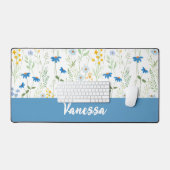 Blauwe Aquarel Wilde Bloem Monogram Naam Bureaumat (Keyboard & Muis)