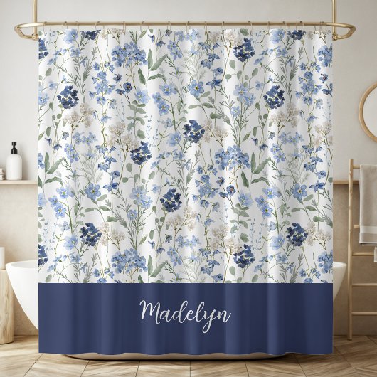 Blauwe Aquarel Wilde Bloem Monogram Naam Douchegordijn