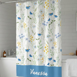 Blauwe Aquarel Wilde Bloem Monogram Naam Douchegordijn