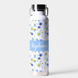 Blauwe Aquarel Wilde Bloem Monogramnaam Waterfles