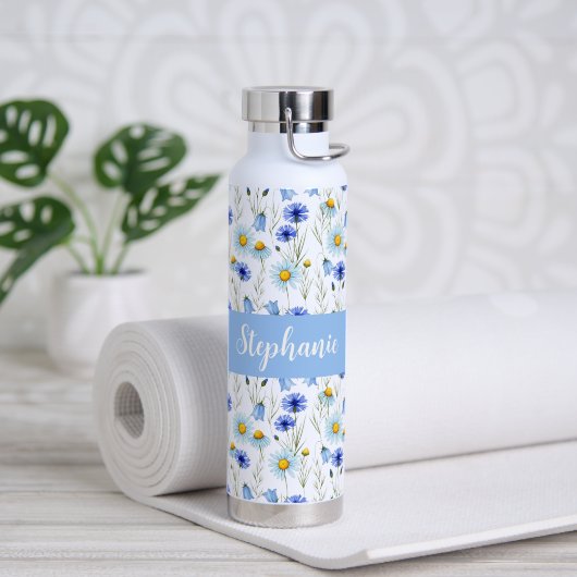 Blauwe Aquarel Wilde Bloem Monogramnaam Waterfles (Yoga (Gedraaid) )