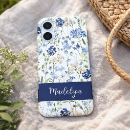 Blauwe Aquarel Wilde Bloem Naam iPhone 16 Hoesje