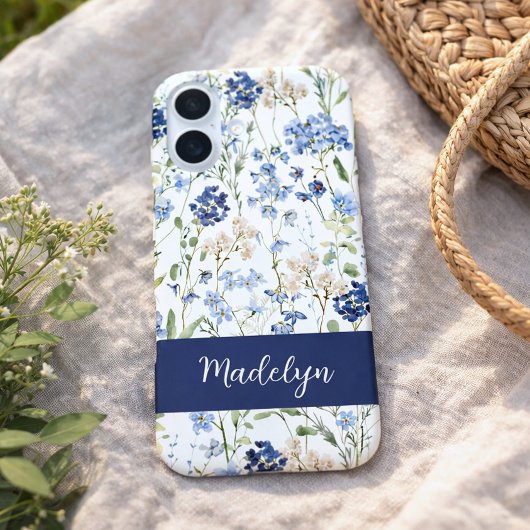 Blauwe Aquarel Wilde Bloem Naam Case-Mate iPhone Case