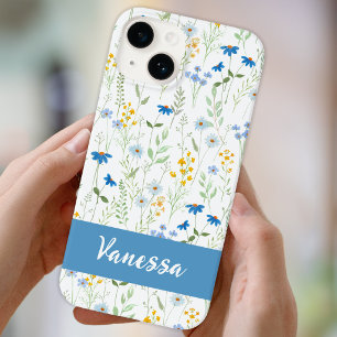 Blauwe Aquarel Wilde Bloem Naam Case-Mate iPhone 14 Hoesje