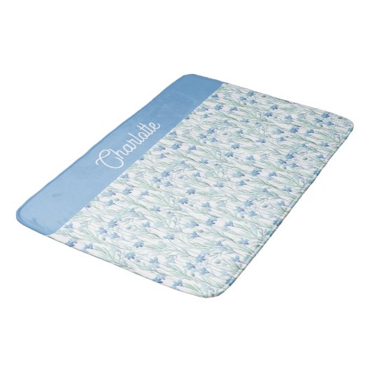 Blauwe aquarel wilde bloemen aangepaste naam badmat (Gekanteld)