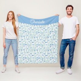 Blauwe aquarel wilde bloemen aangepaste naam fleece deken