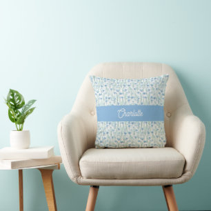 Blauwe aquarel wilde bloemen aangepaste naam kussen