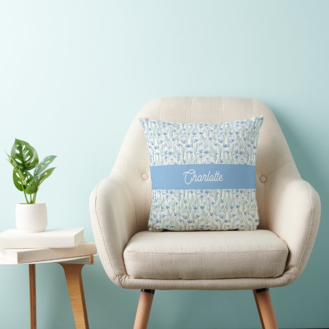Blauwe aquarel wilde bloemen aangepaste naam kussen (Stoel)