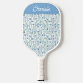 Blauwe aquarel wilde bloemen aangepaste naam pickleball paddle