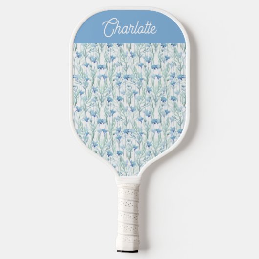 Blauwe aquarel wilde bloemen aangepaste naam pickleball paddle (Achterkant)