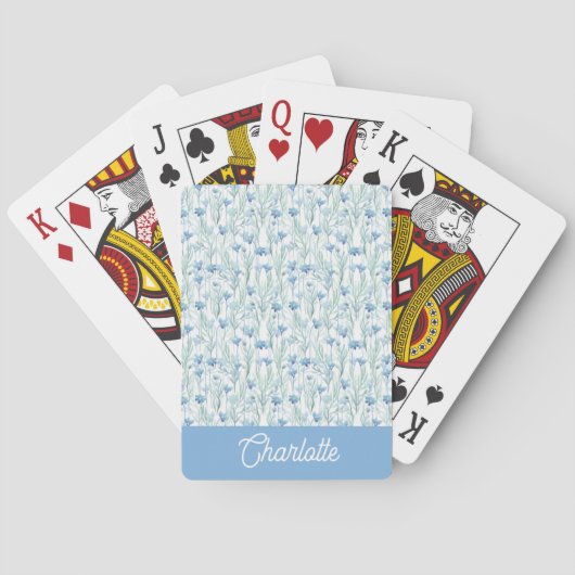 Blauwe aquarel wilde bloemen aangepaste naam pokerkaarten (Achterkant)
