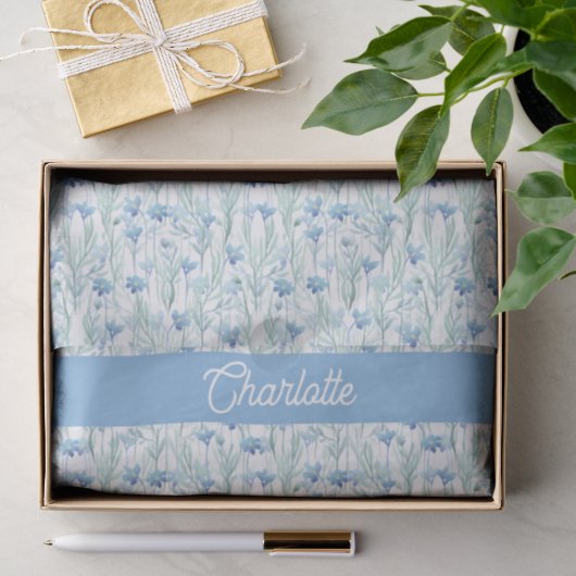 Blauwe aquarel wilde bloemen aangepaste naam tissuepapier (Geschenk)