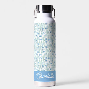 Blauwe aquarel wilde bloemen aangepaste naam waterfles